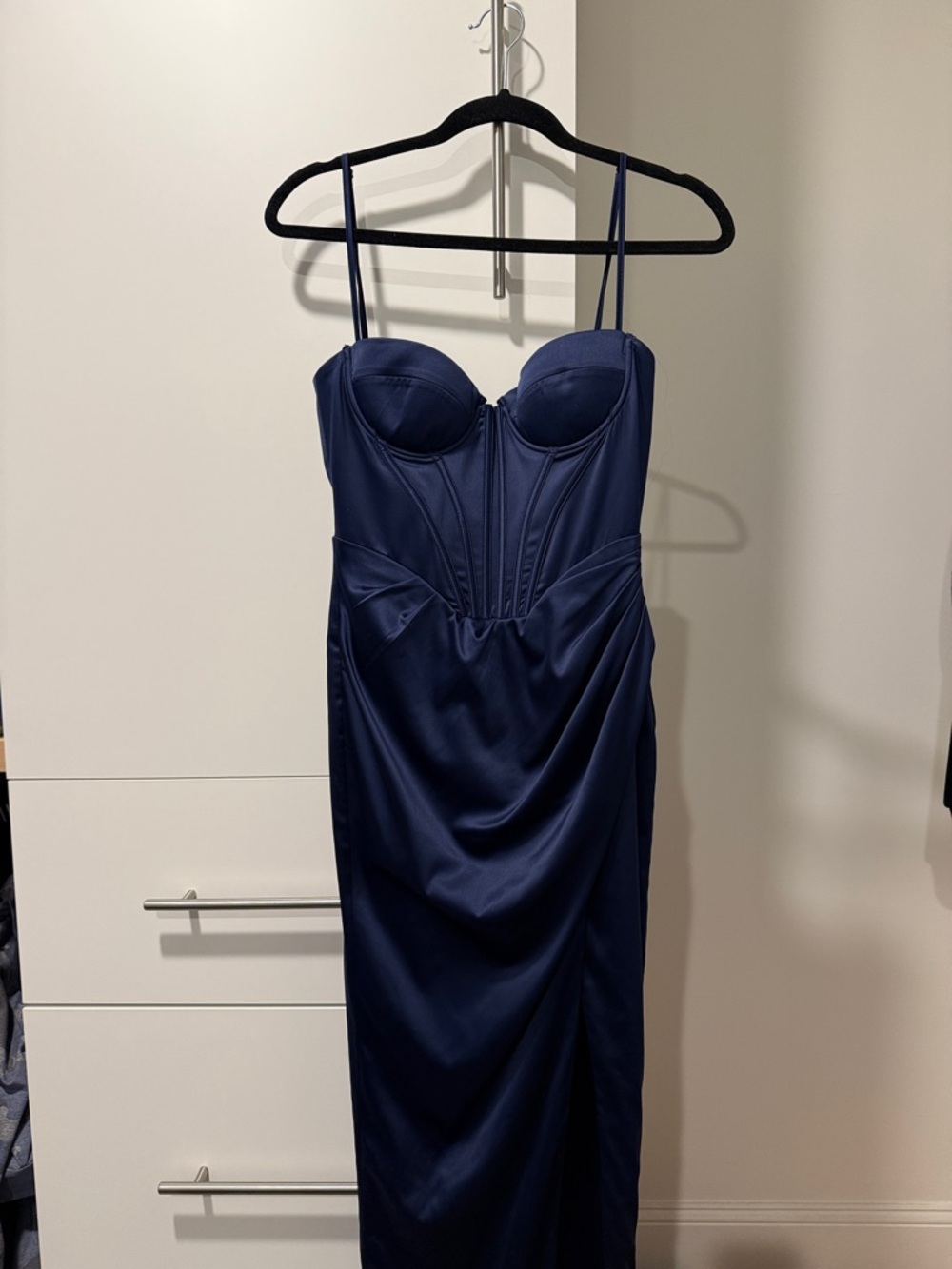 Navy Satin Bustier Maxi Dress with Spaghetti Straps